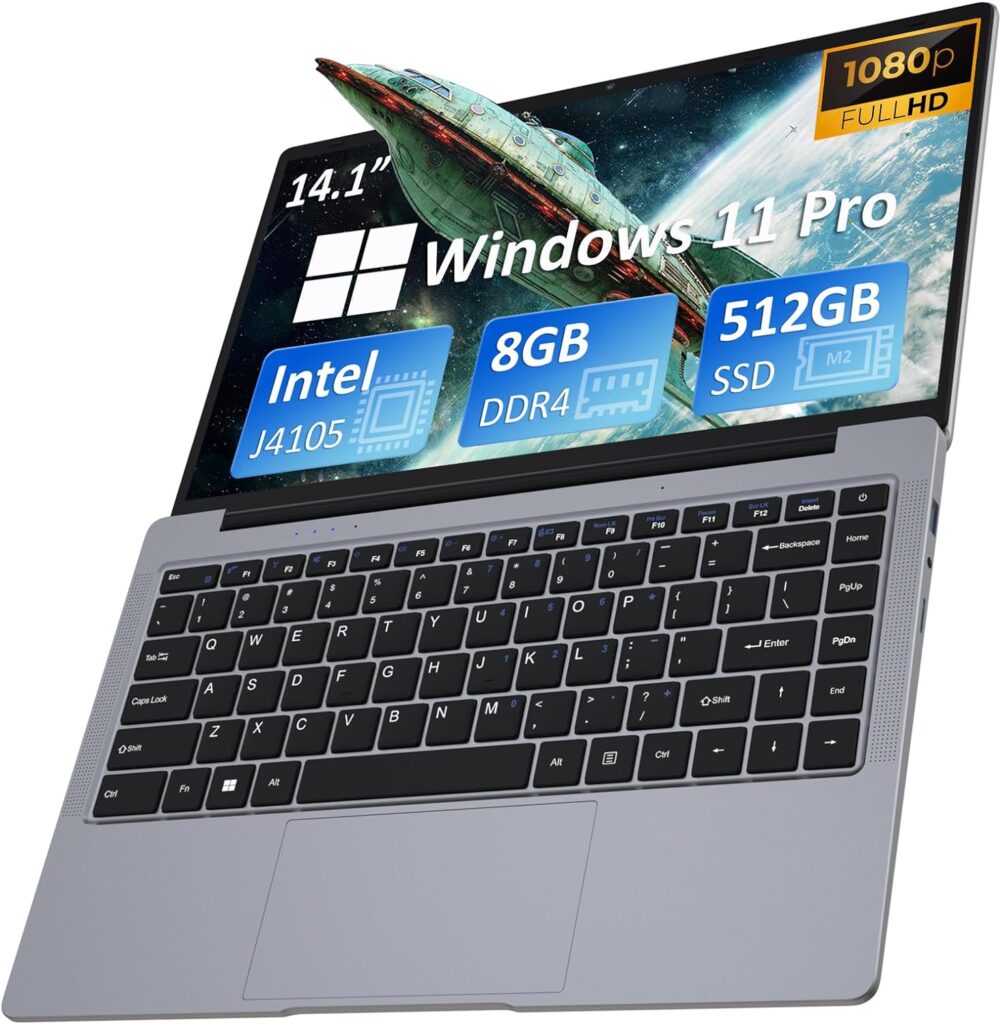 Auusda Laptop Computer with 8GB DDR4 512GB M.2 SATA SSD, Intel Celeron J4105 1.5-2.5 GHz, 14.1" 1920x1080 IPS LCD, Mini HDMI, USB-Ax2, Micro SD Card Slot, Camera, Windows 11 Pro, 3TB Storage Upgrades